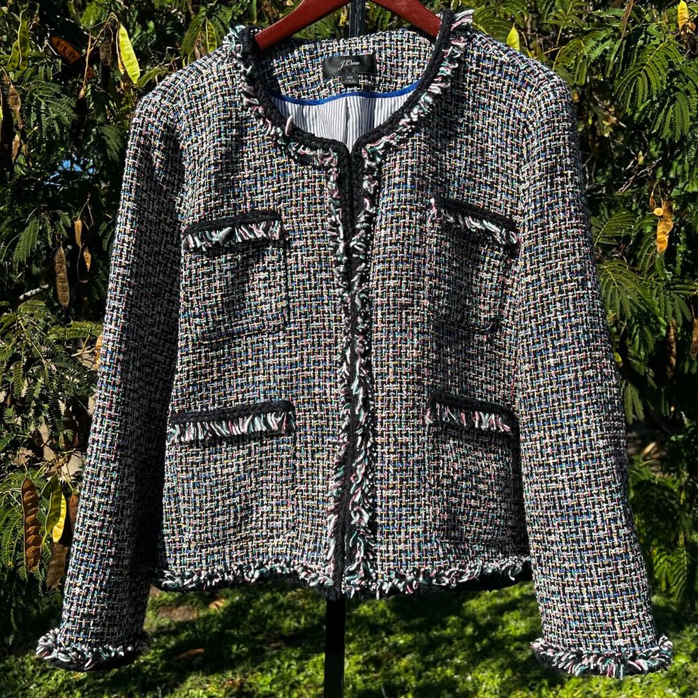 J.Crew Tweed Jacket Black Rainbow Fringe Size 20